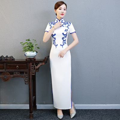 Chinese Dress Qipao for women Blue and white porcelain cheongsam performance dress show etiquette cheongsam dress large banquet dress