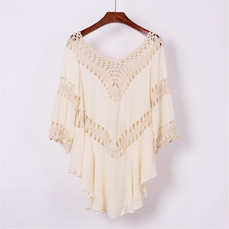 跨境歐美熱銷款寬松中長款大擺鏤空手勾沙灘比基尼泳衣沙灘罩衫女