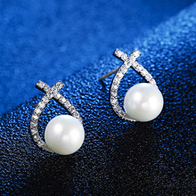 新品S925銀針耳釘女 珍珠耳環個性百搭韓版耳飾 超閃鑲石飾品批發