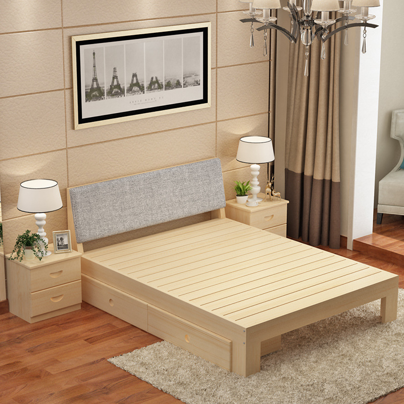 Solid wood bed 1.8m double bed 1.5 adult soft bag solid wood bed simple rental house single bed solid wood double bed