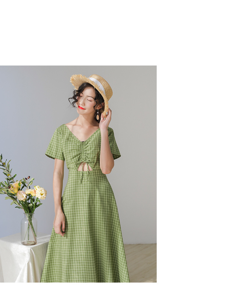 [歌 铭] Váy mới hè hè cho bạn gái Hàn Quốc tay ngắn kẻ sọc Váy xanh lá cây DZ062 - váy đầm đầm maxi
