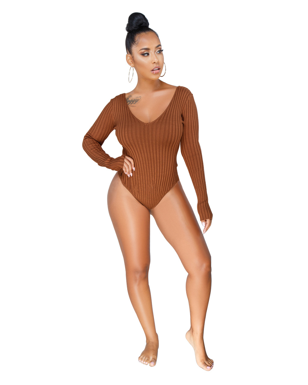 fashion sexy deep V-neck long-sleeved pit strip bodysuit NSSJW58920