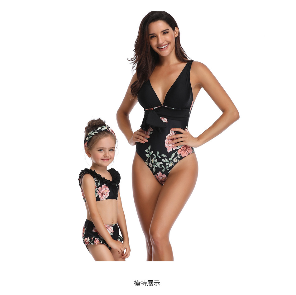 print v neck lace-up backless parent-child one-piece swimsuit NSHYU121349