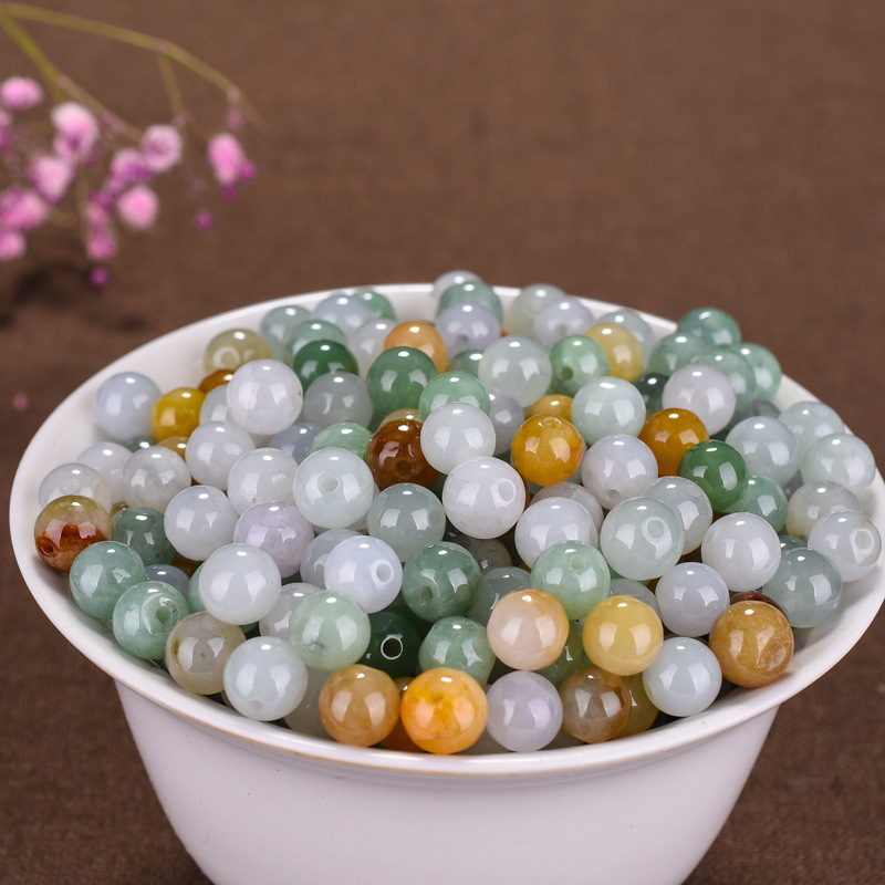 天然翡翠A货散珠三彩玉珠 DIY项链手链圆珠佛珠 手工编织吊坠挂绳|ms