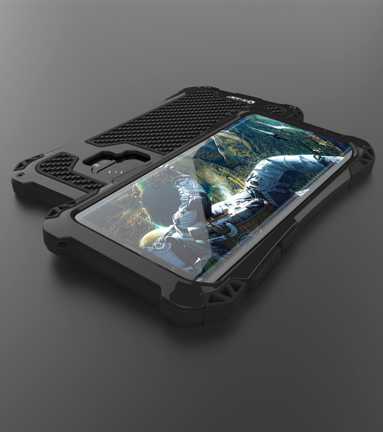 R-Just Amira Heavy Duty Dirtproof Shockproof Rainproof Aluminum Metal Bumper Carbon Fiber Back Cover Case for Samsung Galaxy S9 Plus & S9