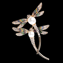 欧美爆款滴油珐琅彩绘蜻蜓珍珠胸针高档昆虫胸花女镶钻别针配饰