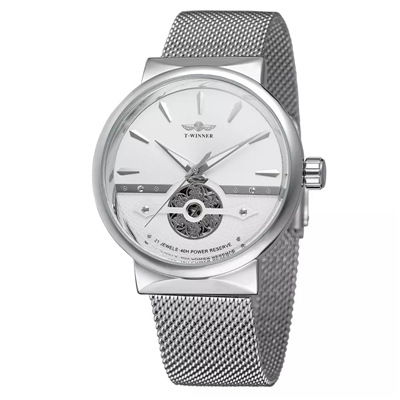 Winner-162G hombres de negocios reloj mecánico automático casual correa de acero máquina transparente inferior reloj mecánico