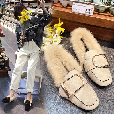 2018新款方头皮带扣女式平底棉鞋舒适保暖豆豆鞋一脚蹬懒人鞋批发|ru