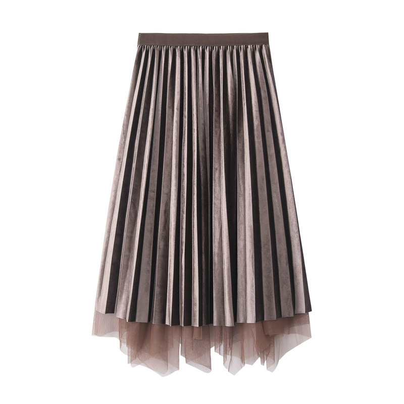 Dames rok geplooid van fluweel met mesh en goud accent_voghion.com