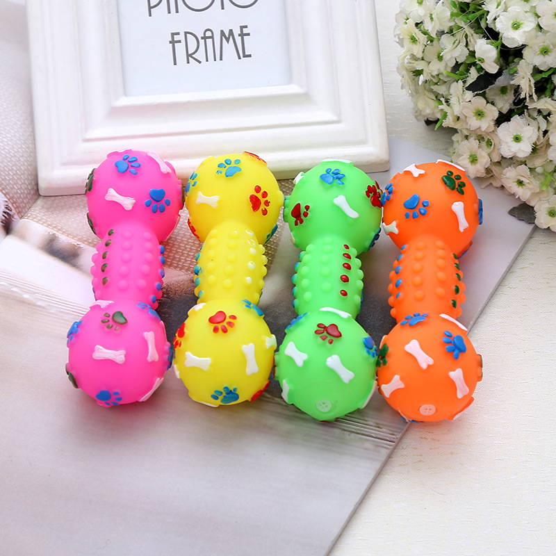 Fábrica en stock huellas sonido mancuerna perro vinilo mancuerna mascota sonido juguete hueso peluche juguete al por mayor