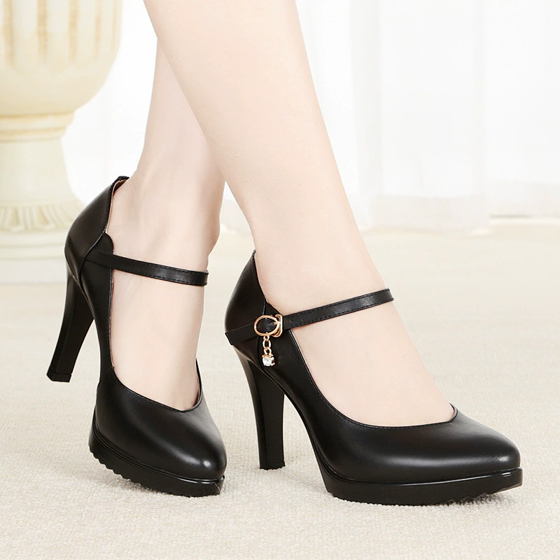 Женские туфли на высоком каблуке на толстом каблуке, новинка весны 2022, неглубокие женские туфли из воловьей кожи с прямой пряжкой, водонепроницаемая рабочая обувь на платформе