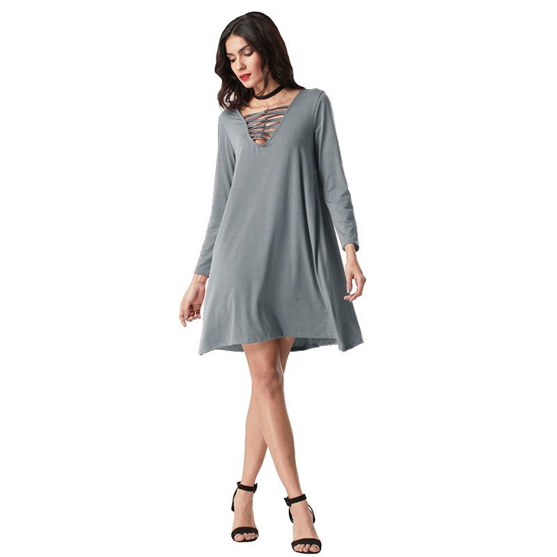 Solid Color Dress Sexy Deep V Neck Lace Up Design Long Sleeve Perfect for Parties and Events Wholesale Available