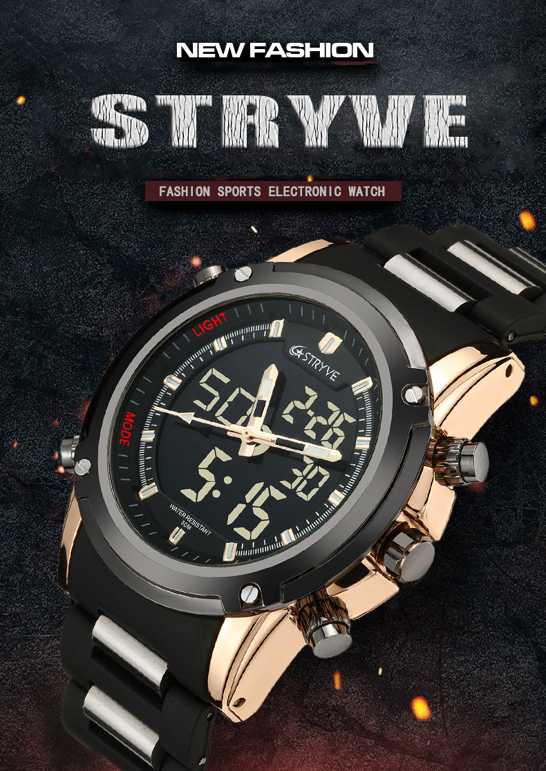 STRYVE8009新款电子石英男士运动手表防水多功能学生手表详情1