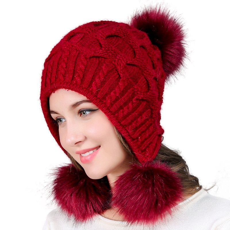 韩国新款女士帽子秋冬款毛线帽三毛球后开口针织帽双层加厚兔毛帽