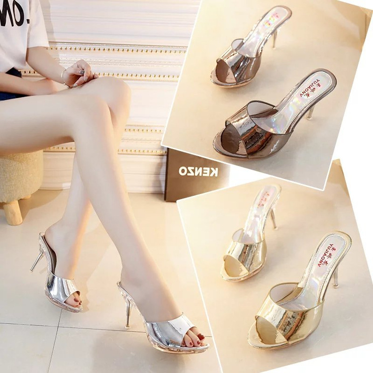 2020新款高跟凉拖鞋女夏细跟透明水晶防水台一字拖凉鞋厚底凉拖鞋