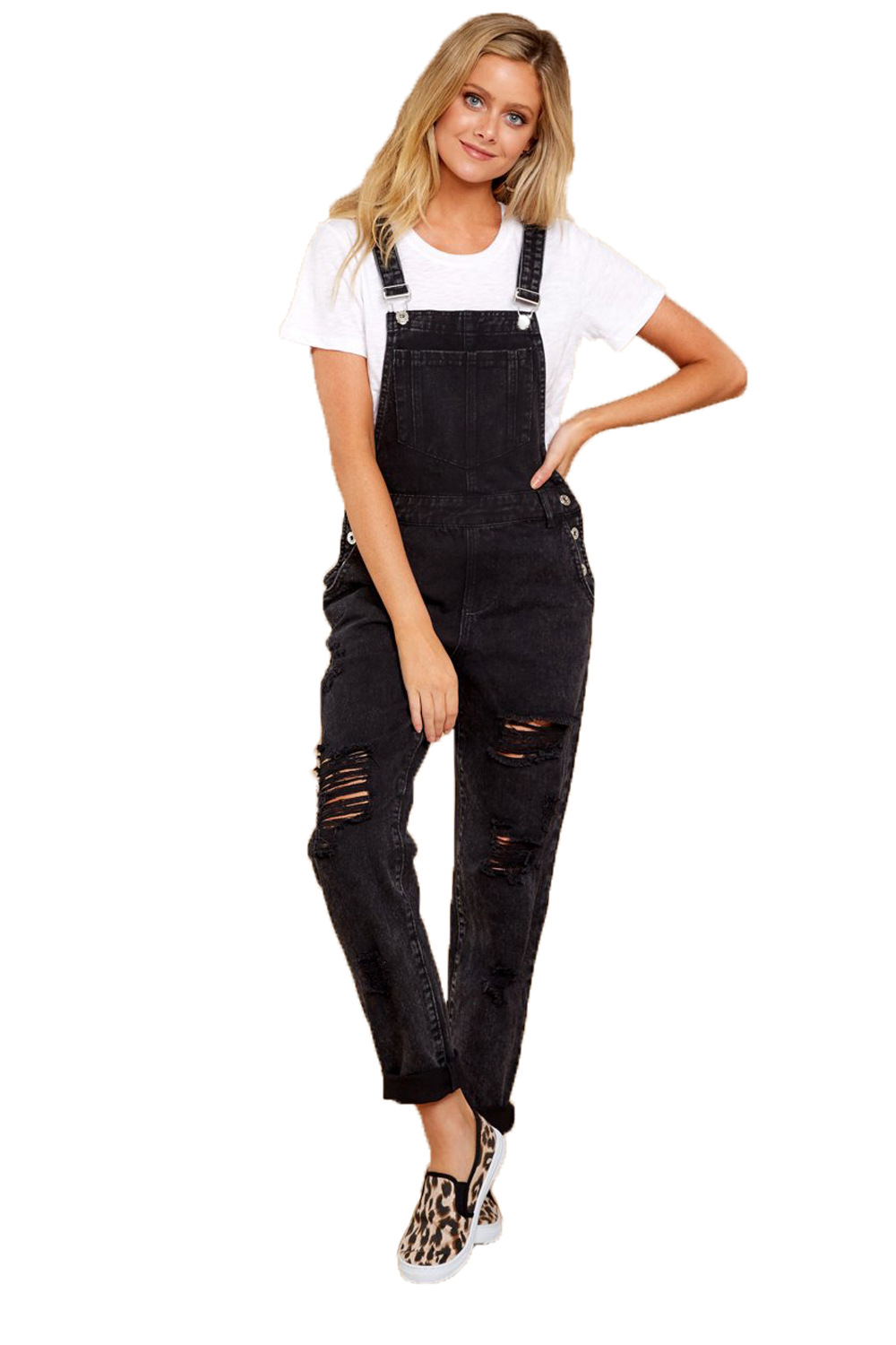 new double shoulder strap denim ripped jumpsuit NSRF64105