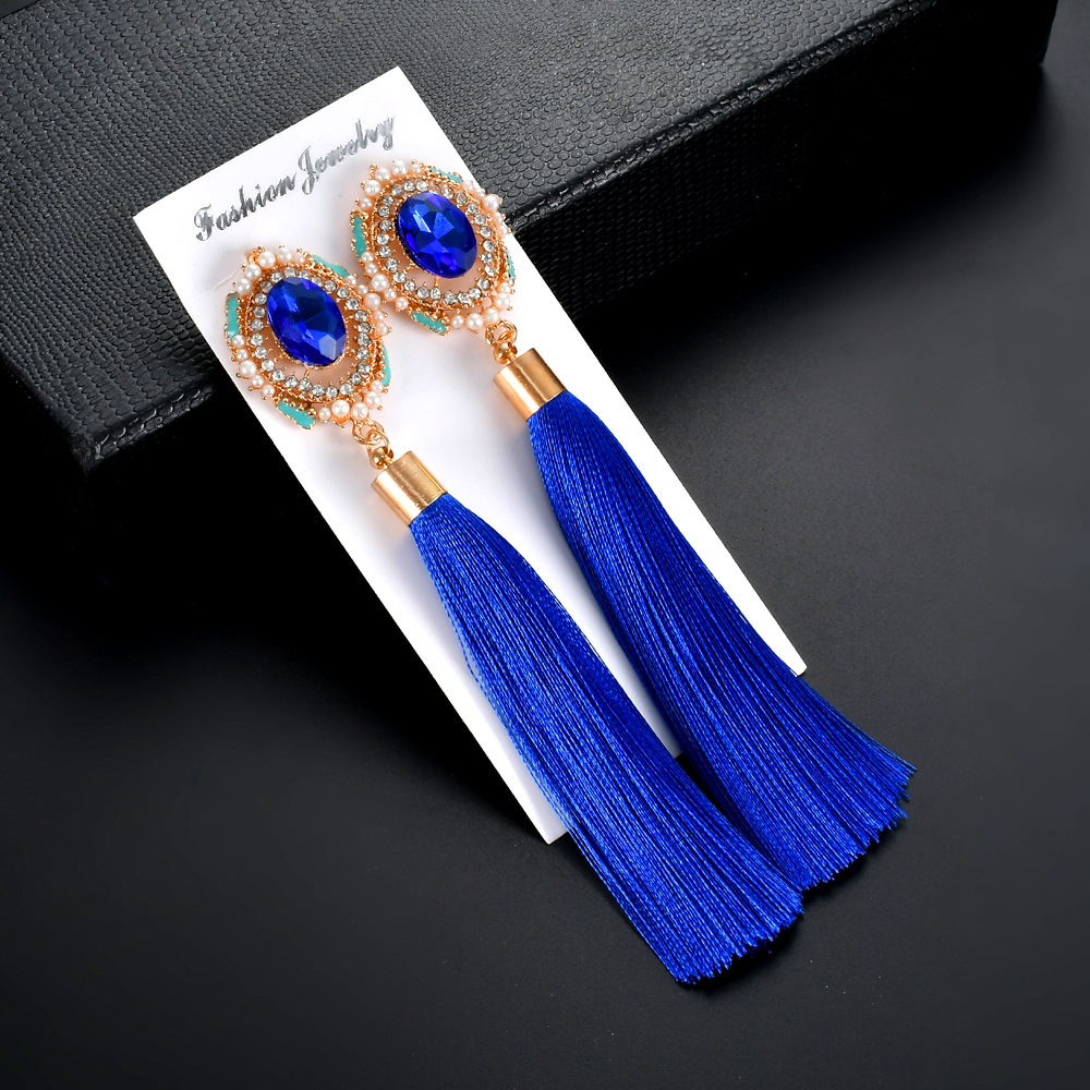 鸟巢欧美珍珠点钻滴油流苏耳环长款高档流苏外贸新款女式吊坠耳饰