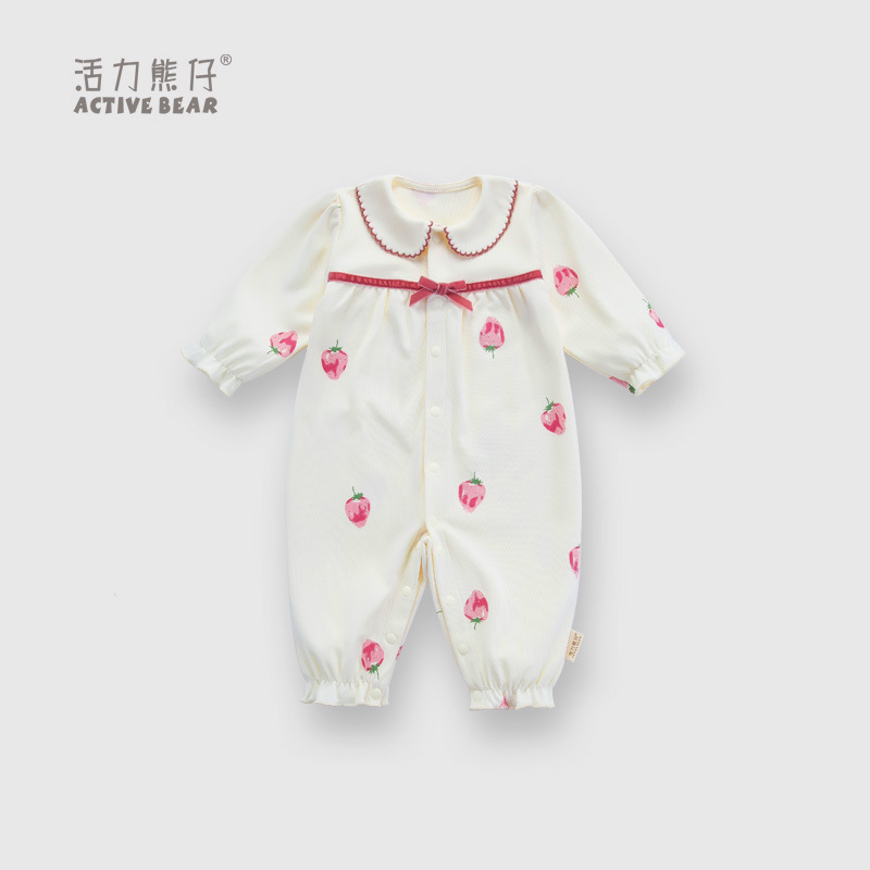 2019春秋季婴儿连体衣纯棉女宝宝爬服草莓印花新生儿连身哈衣批发|ru