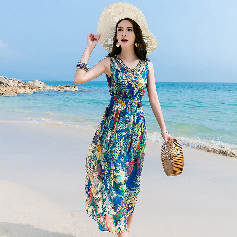 Seidenmode für Damen, elegantes langes Blumenkleid, Boho-Kleid_voghion.com