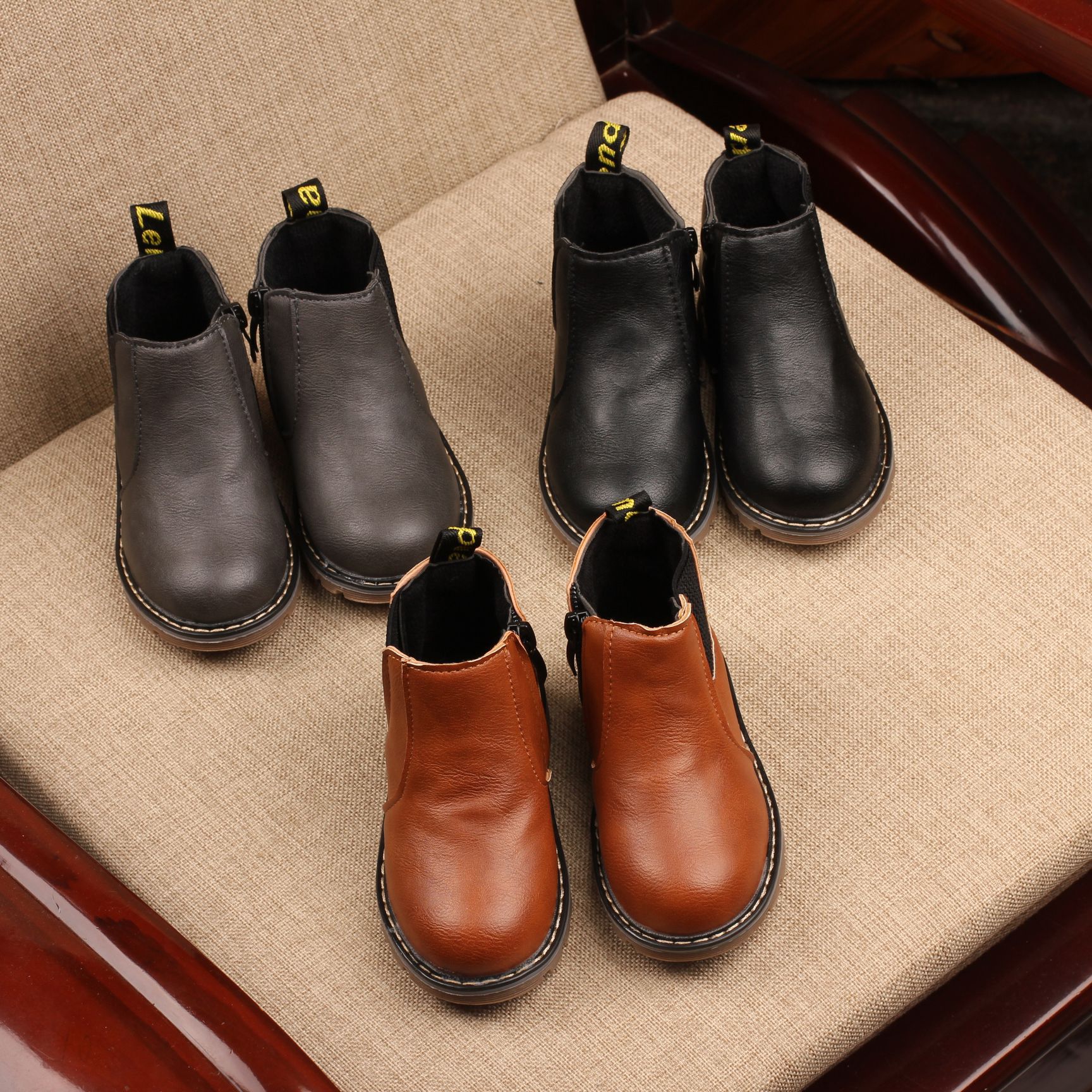 Cross-border 2022 Spring and Autumn Children's Leather Boots Boys Casual Martin Boots Girls Thickened Retro Fashion Children's Shoes Side Zipper