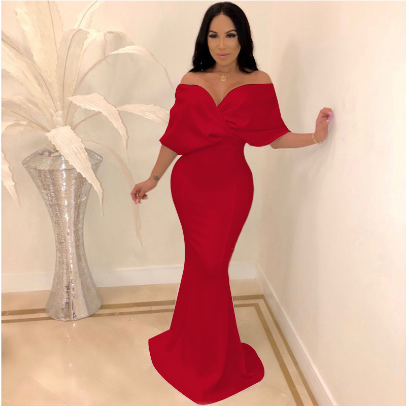 Sexy Wrapped Chest Off-Shoulder Mopping Fishtail Dress NSMYF99999