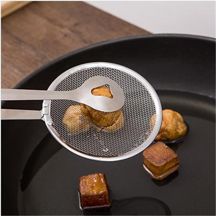 Acero inoxidable dos en uno cocina malla filtro de aceite freír aceite clip cuchara colador