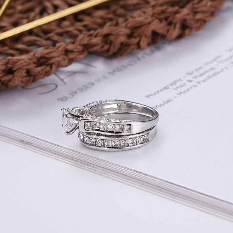 New Couple Two-piece Big Zircon Ring Environmental Protection Copper Diamond Bridal Wedding Ring display picture 6
