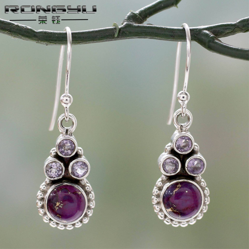 Rong Yu Amazon new vintage S925 Thai silver-plated amethyst earrings women's European and American fashion purple Pine stone earrings