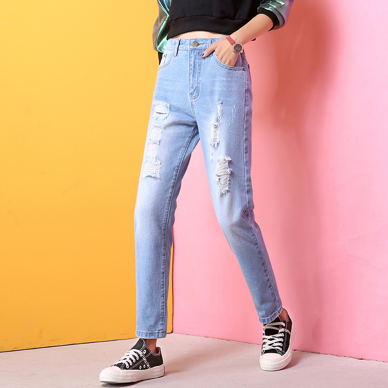 2018夏秋破洞牛仔裤女宽松学生显瘦高腰哈伦九分裤