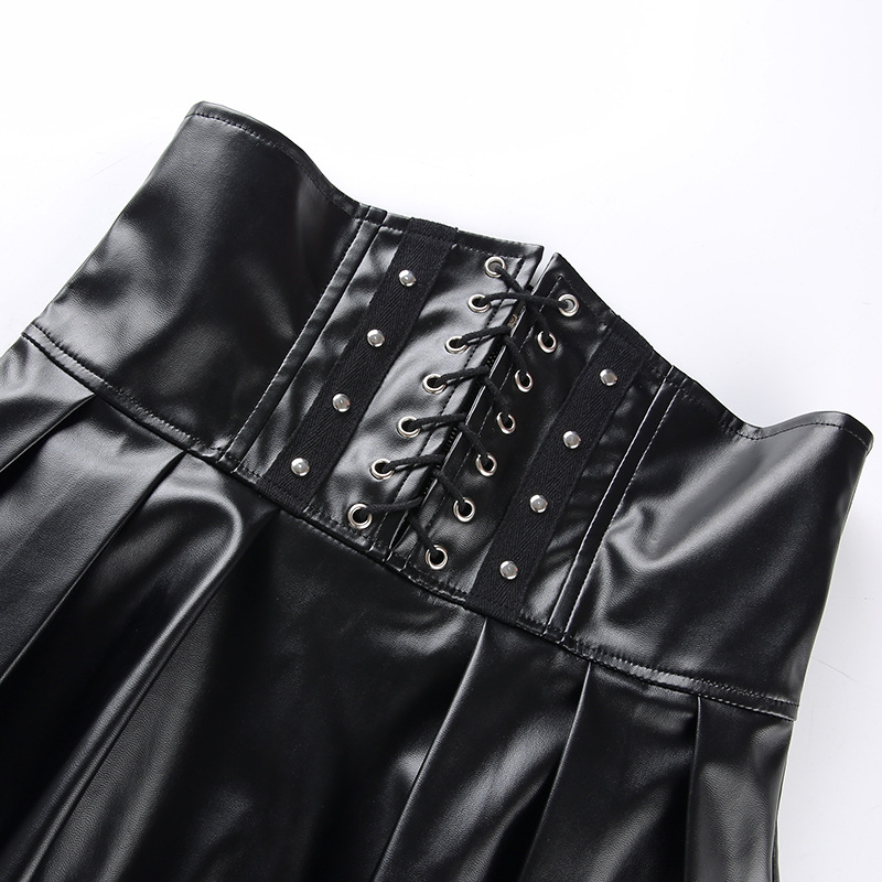 black PU leather high-waist breasted girdle leather skirt NSSSN119392