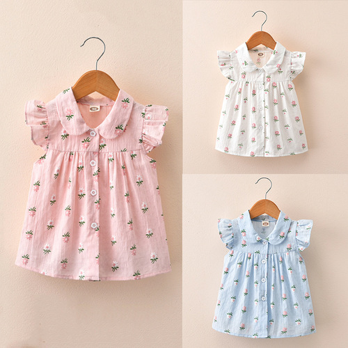 Children's clothing  summer new children's shirt floral short-sleeved small flying sleeves girls tops small and medium-sized children's cardigan shirt