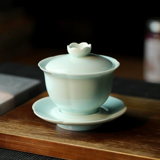 盖碗大号陶瓷功夫茶具茶杯泡茶碗影青瓷手工刻花三才盖碗杯