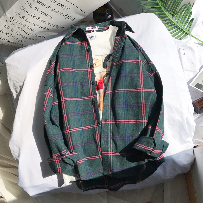 ulzzang Plaid Shirt Men's Couple Harajuku BF Style Casual Long-sleeved Korean Style Loose Student Ins Fashion Brand Jacket
