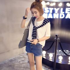 Korean college navy striped pseudo lapel vest with detachable sleeves and shoulder straps