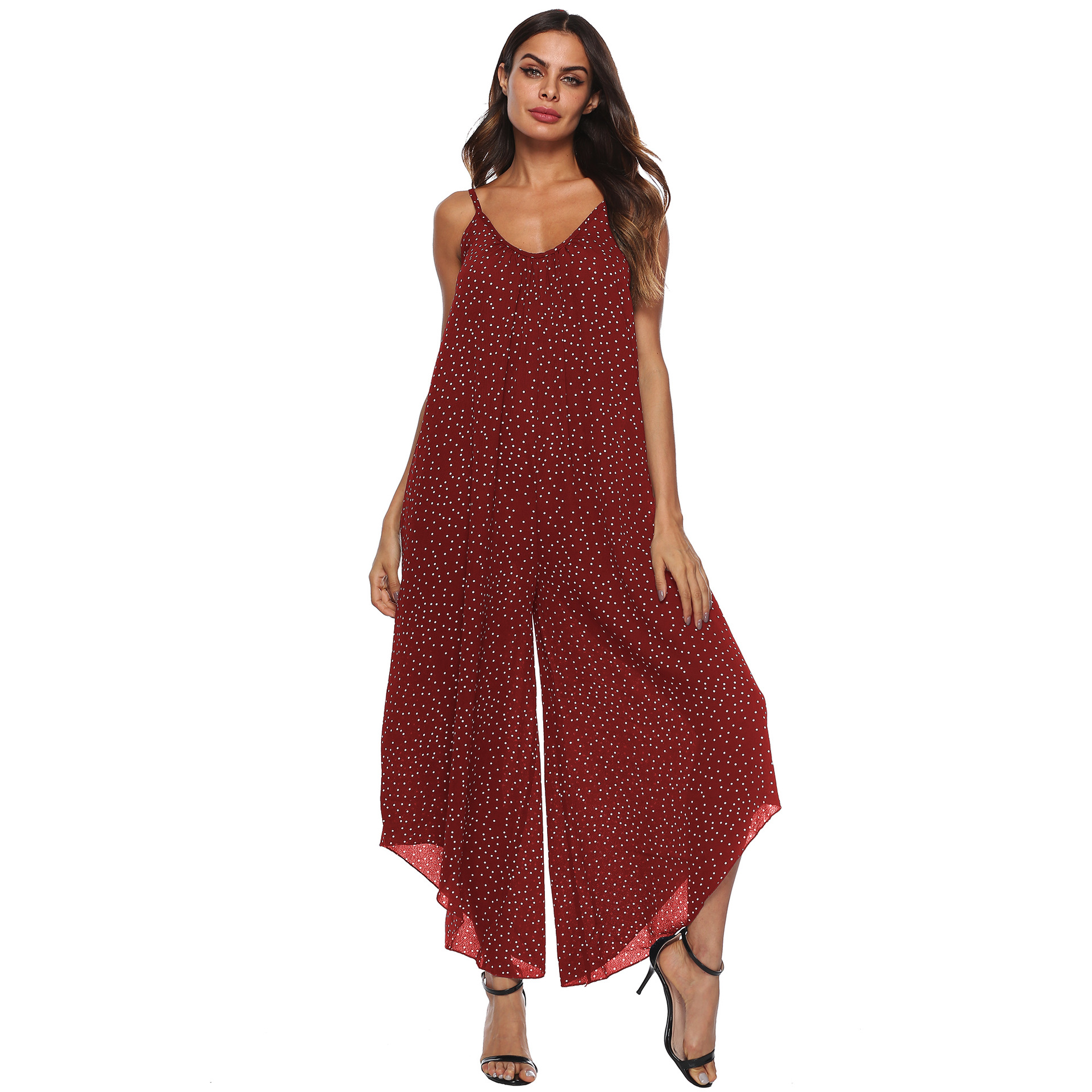 Plus Size Womens Polka Dot Asymmetrical Jumpsuit Loose Fit Wide Leg Spaghetti Straps Casual Summer Wear Wholesale