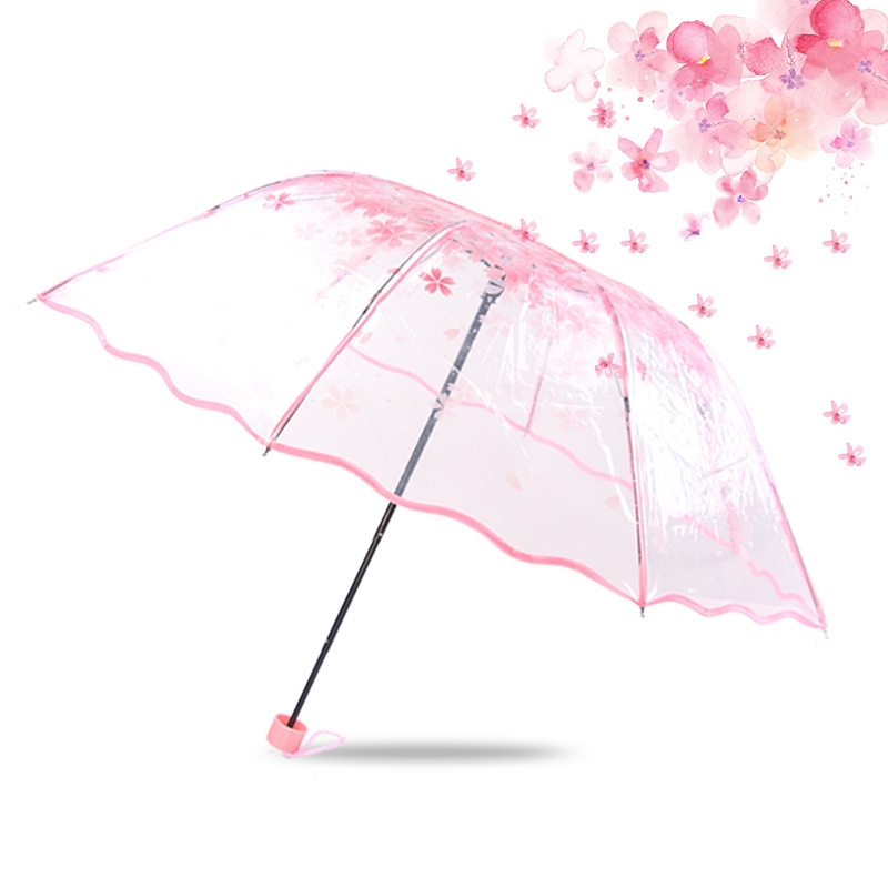 Umbrella. Folding Umbrella Automatic Umbrella Transparent Umbrella Cherry Blossom Transparent Trifold Umbrella Women Korean Cherry Blossom Umbrella