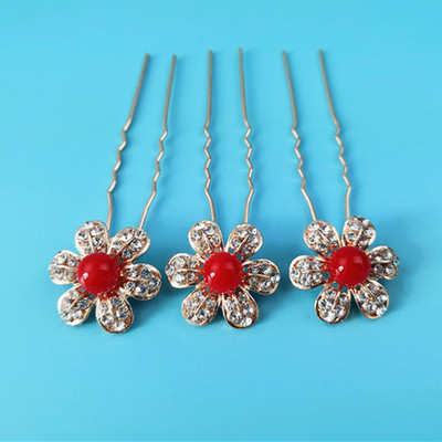 歐美镂空珍珠斜插發叉合金六瓣花點鑽發簪頭飾新娘結婚盤發飾品