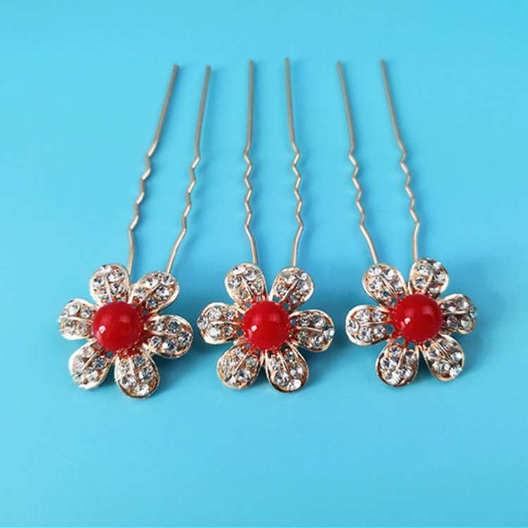 歐美镂空珍珠斜插發叉合金六瓣花點鑽發簪頭飾新娘結婚盤發飾品