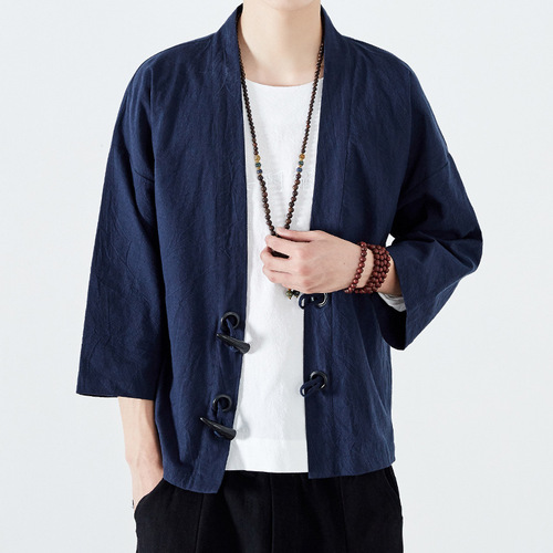 Chinese style hanfu tang suit for men youth Japanese  linen robe Tang suit three-quarter sleeve jacket loose Japanese style cardigan kimono clothing shirt spring and summer