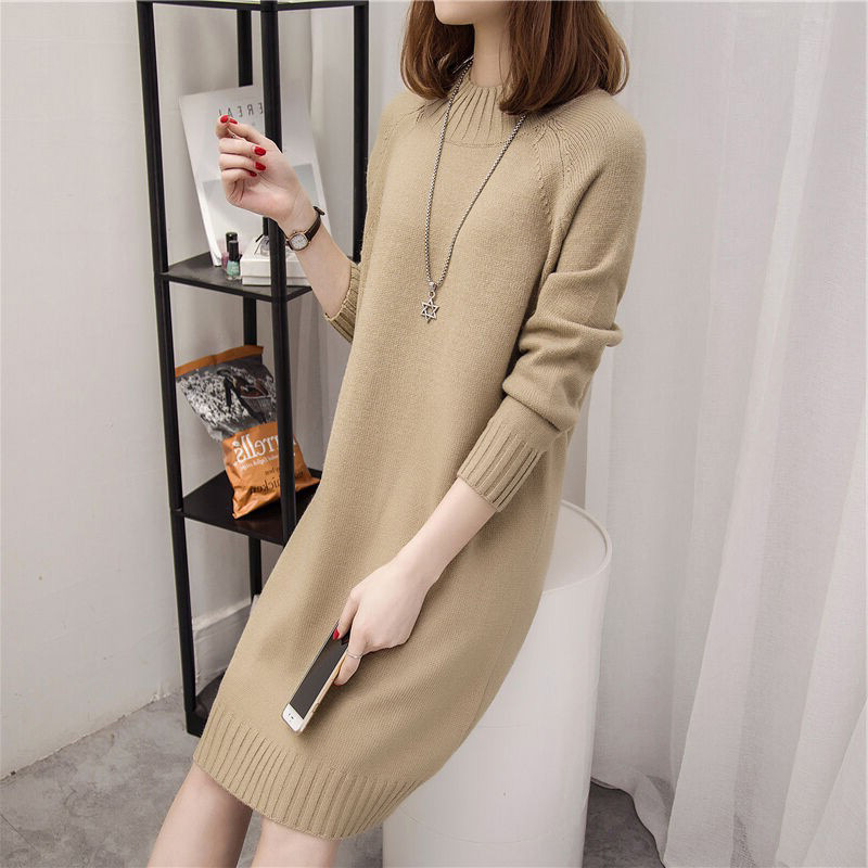 K New Women's Half-turtleneck Pullover Sweater; Loose Midi Dress; Women's Knit Dress As A Base Layer. No Necklace Or Other Accessories_voghion.com