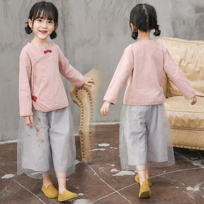 女童汉服套装春夏新款民族风复古棉麻上衣阔腿裤小女孩唐装演出服|ru