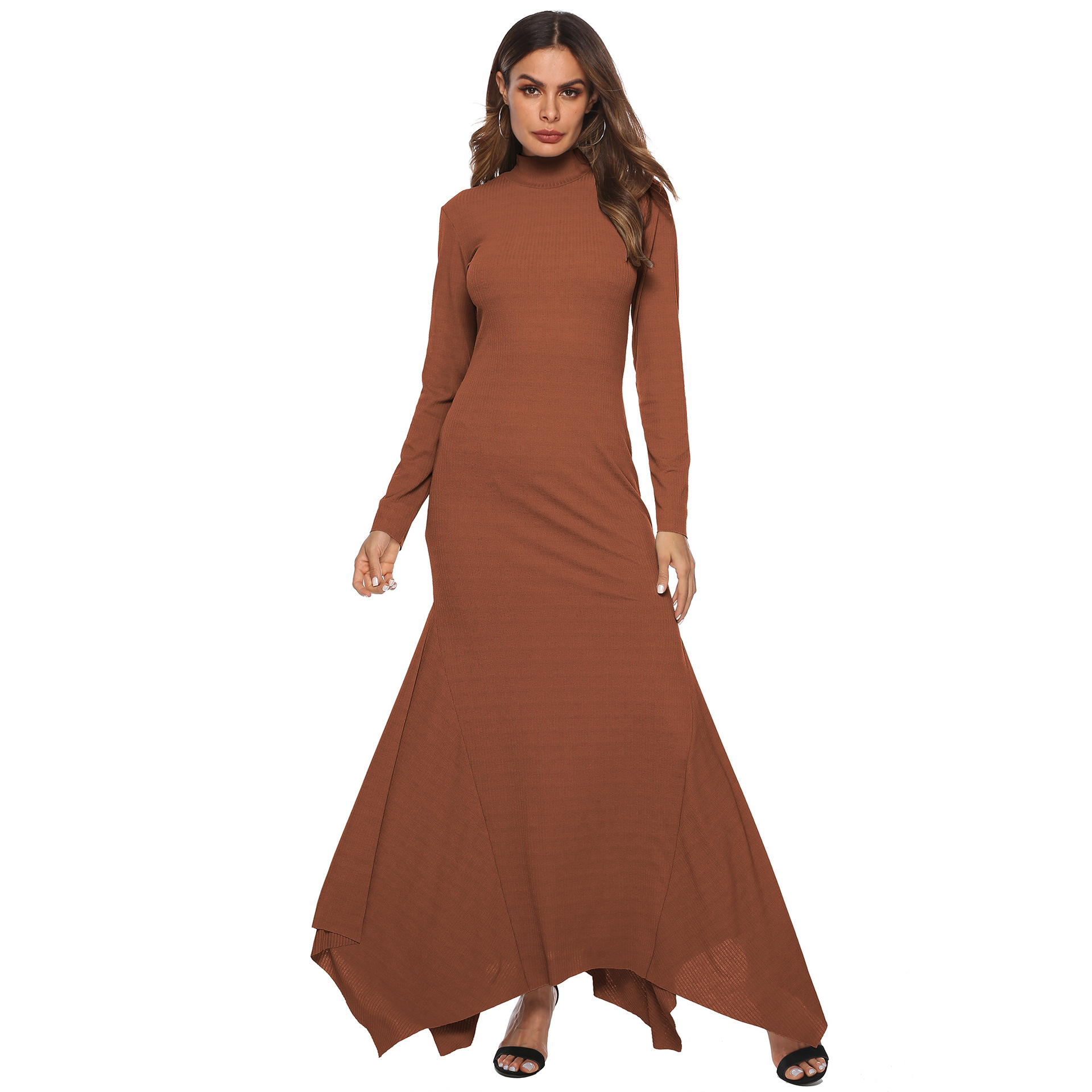 High Stretch Ribbed Turtleneck Fishtail Maxi Dress Slim Fit Asymmetrical Hem Elegant Style Wholesale Available