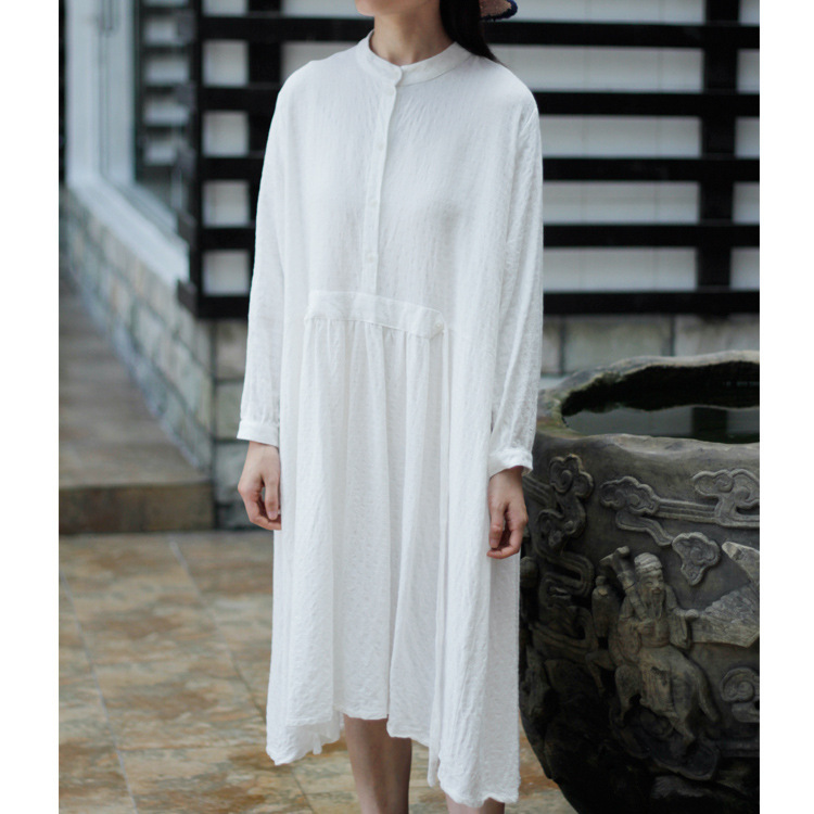 2018秋装女式棉麻提花立领单排扣长袖文艺宽松连衣裙中长款180812