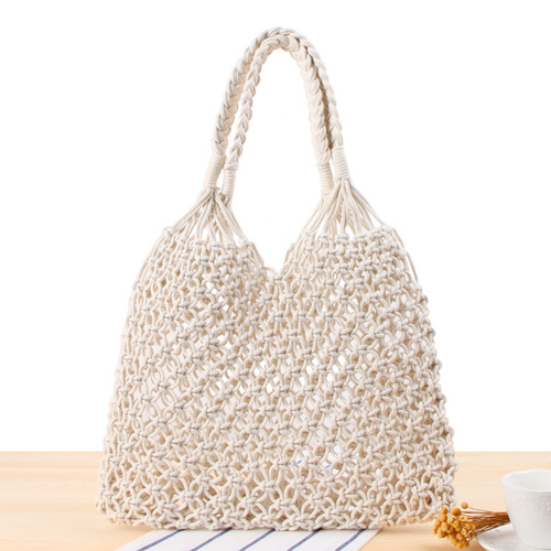 one shoulder woven bag chaonvsen straw bag handmade cotton rope net bag beach bag