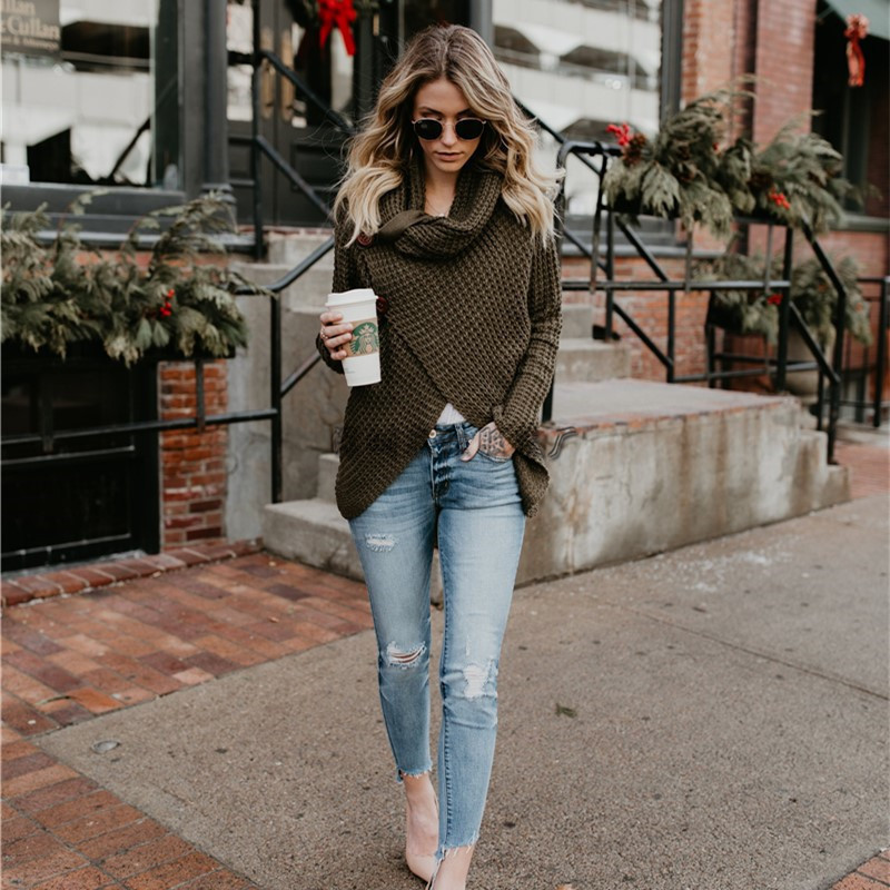 2023 Otoño e Invierno prendas de punto OL cercanías Amazon turtleneck cardigan color sólido suéter de una sola pieza de las mujeres