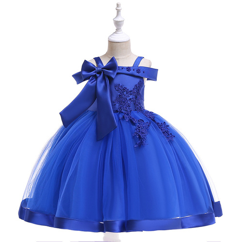 New European and American-style children's formal dresses: bow-knot girls' appliqué princess gown, mesh skirt, trendy design—perfect for piano performances or runway shows.