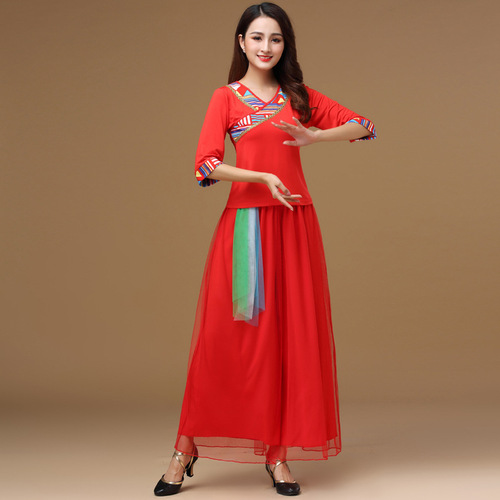 Luoshen Spring and Autumn New Square Dance Costume Suit Women's Short-sleeved Middle-aged and Elderly Performance Skirt National Performance Dance Costume