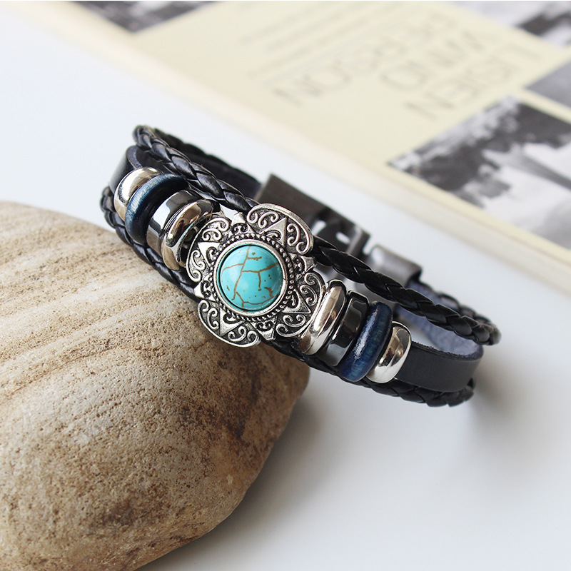 Leather Bracelet Men's ethnic alloy bracelet woven bracelet European and American retro turquoise personality couple bracelet gift