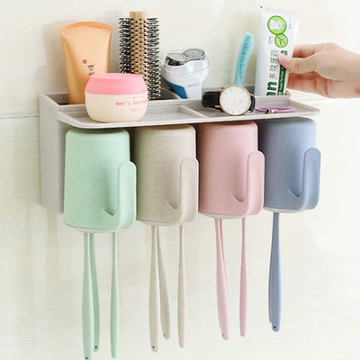 小麦4口家庭牙刷洗漱架小麦秸秆牙刷架 牙刷收纳盒收纳架挂壁粘贴