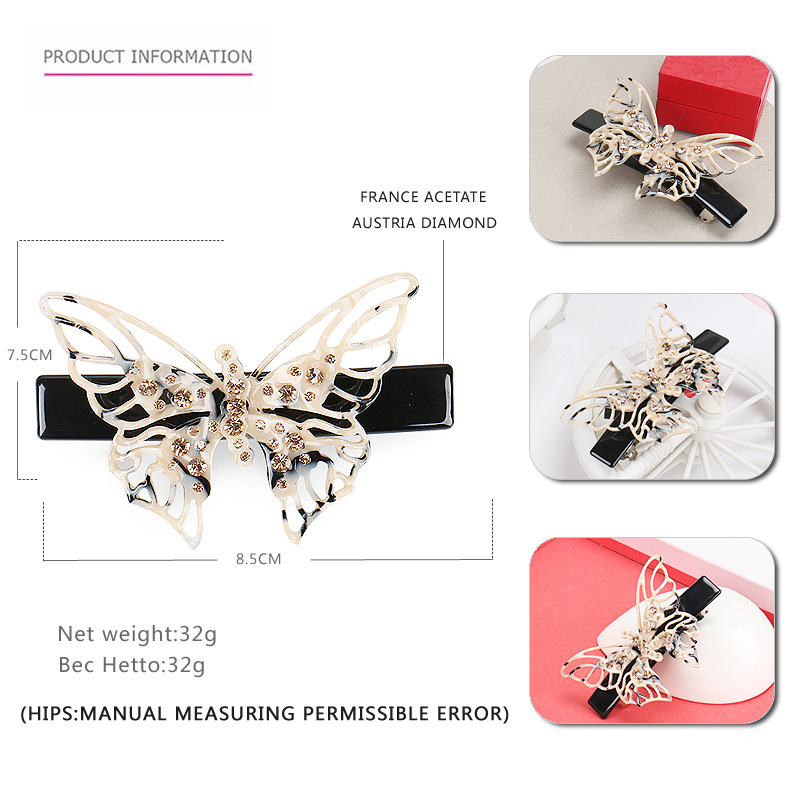 Fashion Butterfly Acetic acid sheets Handmade Rhinestones Hair Clip 1 Piece